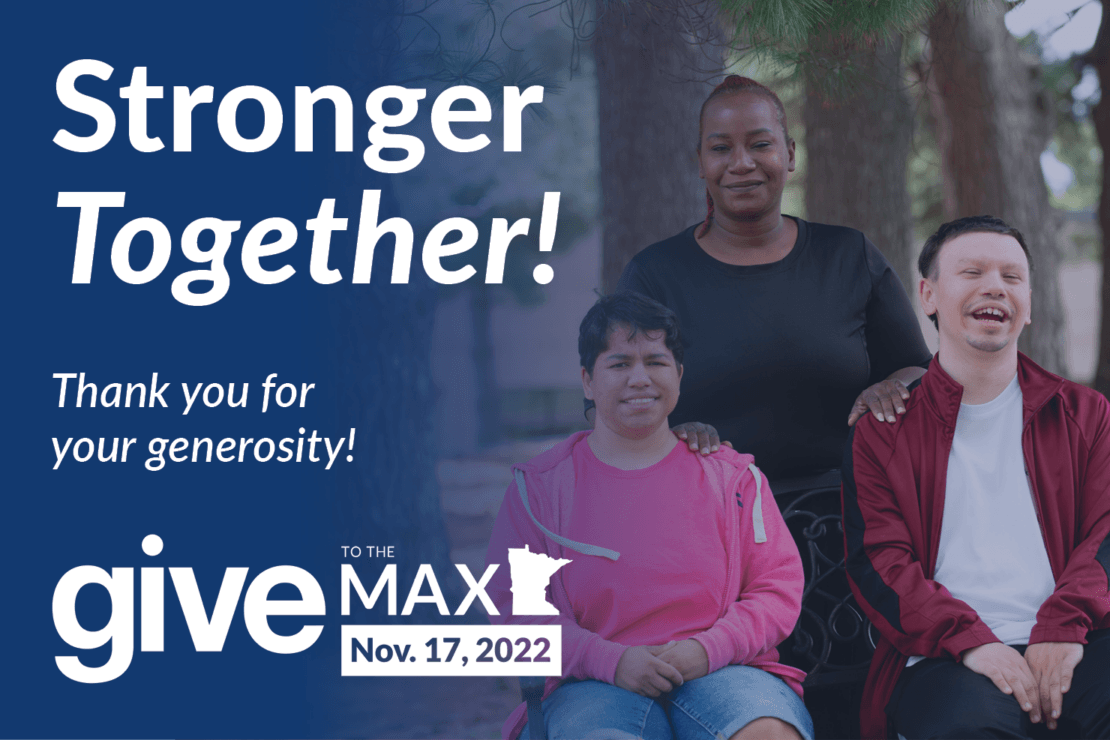 Three people smiling and give to the max logo